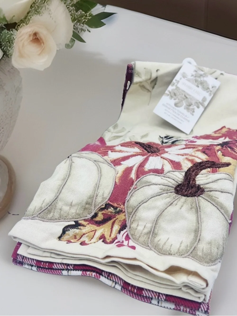 SHABBY CHIC KITCHEN TOWELS (3) PUMPKINS RUST GOLD LEAVES 100% COTTON NWT